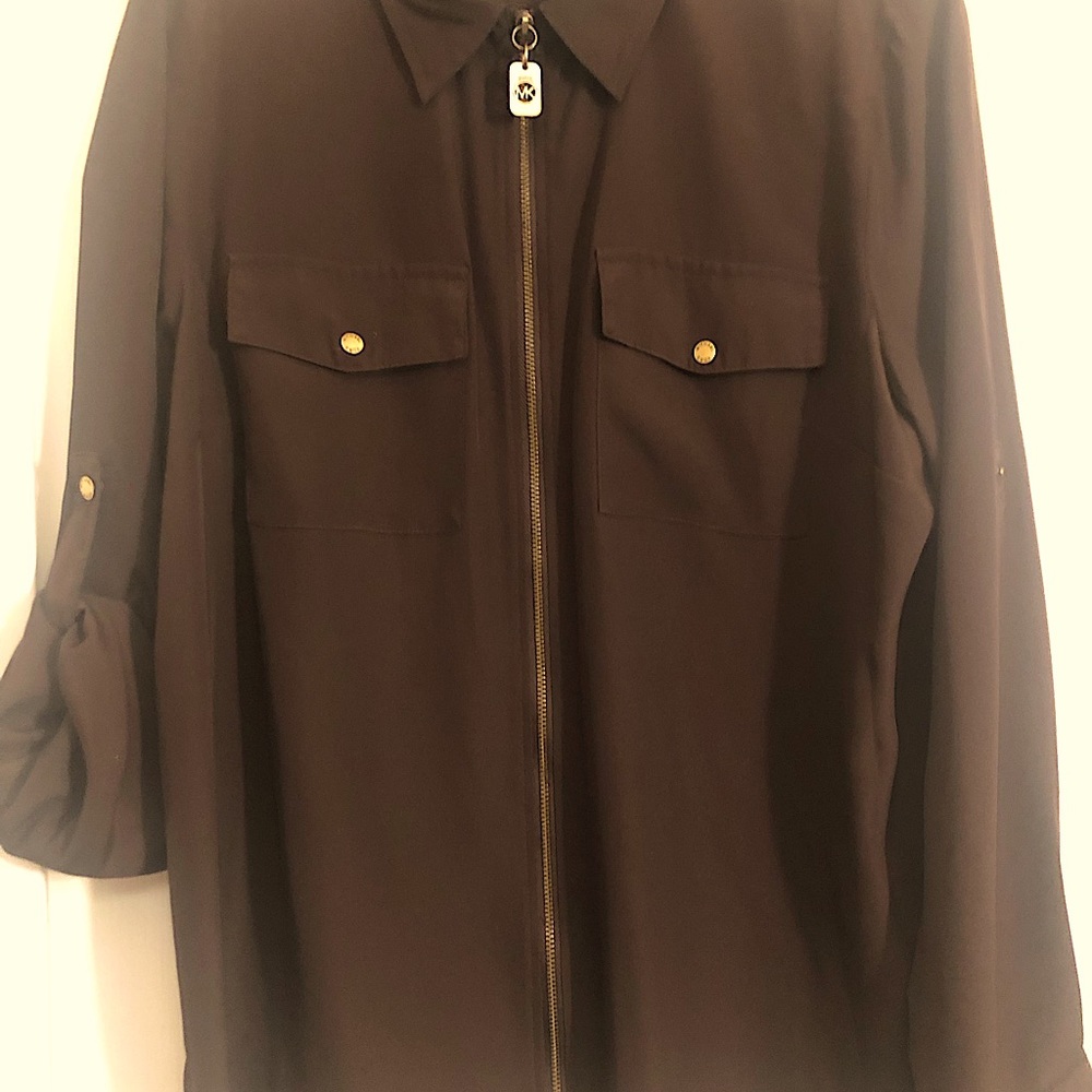 Michael Kors Long Sleeve Zipper Front Blouse with 2 Front Snap Pockets
